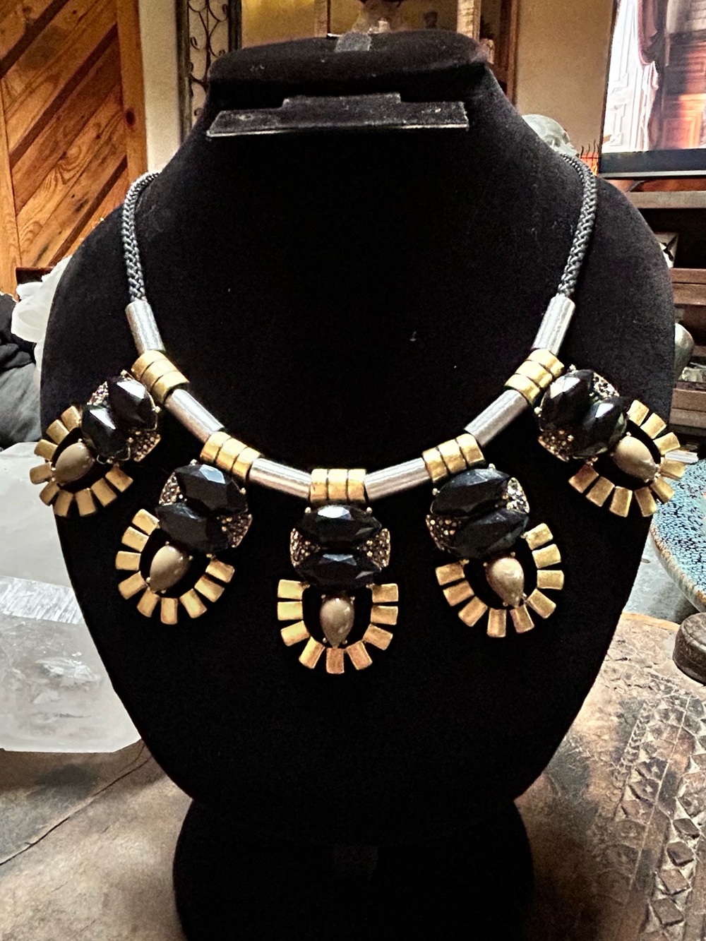 J.Crew Black and Gold Station-Link Statement Bib Necklace